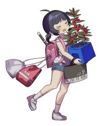  >_< 15_30_97 1girl ahoge backpack bag black_hair blue_shorts blush_stickers camisole child closed_eyes commentary_request flower flower_pot full_body hair_bobbles hair_ornament highres holding holding_instrument instrument open_mouth original pink_bag plant potted_plant randoseru red_bag red_flower shirt shoes short_hair shorts simple_background socks solo standing twintails white_background white_camisole white_shirt white_socks 
