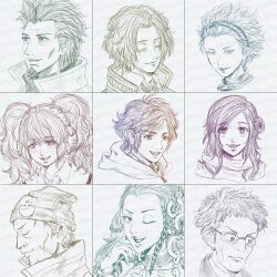  3girls 5boys beanie beard blush braid closed_eyes closed_mouth commentary_request earmuffs eyelashes facial_hair fingernails glasses hair_bun hairband hand_on_own_face hat highres ichimiya_(kyokugen_dasshutsu) junpei_(kyokugen_dasshutsu) kurashiki_akane kyokugen_dasshutsu kyokugen_dasshutsu:_9_jikan_9_nin_9_no_tobira limited_palette long_fingernails long_hair mature_male multiple_boys multiple_girls nervous_sweating niels_(kyokugen_dasshutsu) ninth_man_(kyokugen_dasshutsu) one_eye_closed open_mouth otogiku portrait santa_(kyokugen_dasshutsu) scar scar_on_cheek scar_on_face seven_(kyokugen_dasshutsu) short_hair single_hair_bun single_side_bun smile sweat teeth twintails twitter_username upper_teeth_only watermark yashiro_(kyokugen_dasshutsu) yotsuba_(kyokugen_dasshutsu) 