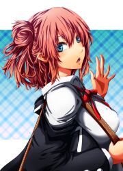  1girl bag blue_eyes blush breasts commentary from_side hair_bun jacket large_breasts long_sleeves looking_at_viewer neck_ribbon nuru_himmel open_mouth pink_hair red_ribbon ribbon school_uniform shirt short_hair single_side_bun sobu_high_school_uniform solo upper_body waving white_shirt yahari_ore_no_seishun_lovecome_wa_machigatteiru. yuigahama_yui 