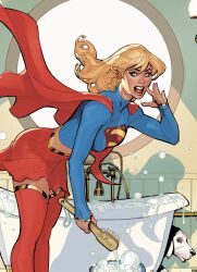  1girl absurdres artist_collaboration bathroom bathtub blonde_hair blue_eyes blue_shirt boots cape dc_comics dog gold_trim highres holding holding_brush indoors krypto_the_superdog long_hair looking_at_viewer open_mouth rachel_dodson red_boots red_cape red_skirt shirt skirt solo supergirl superman_(series) teeth terry_dodson thigh_boots upper_teeth_only white_dog 