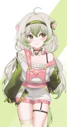 1girl absurdres ahoge animal_ears bare_shoulders commentary ferret_ears ferret_girl ferret_tail food fruit gradient_hair green_eyes green_hair green_hairband green_tail green_thighhighs hair_between_eyes hairband headphones headphones_around_neck highres jewelry lime_(fruit) lime_slice limealicious looking_to_the_side mattyartt multicolored_hair necklace overall_shorts overalls pink_overalls sleeves_past_wrists solo sweater thigh-highs twintails untranslatable_commentary vinesauce virtual_youtuber white_hair