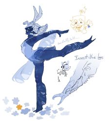  2boys abdomen_tail antennae aqua_hair arthropod_boy arthropod_limbs ballerina blue_(deltarune) blue_flower blue_leotard blue_skin bug butterfly butterfly_boy closed_eyes colored_skin commentary deltarune english_commentary flower from_side highleg highleg_leotard highres leotard multiple_boys pointing_out_the_details see-through_clothes see-through_skirt skirt smile solid_circle_eyes teeth tutu utdr_(toby_fox) vivkantem yellow_(deltarune) yellow_flower 