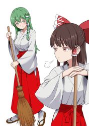  2girls alternate_costume blush bow breasts broom brown_eyes brown_hair brown_sandals closed_mouth clothing_cutout commentary_request commission frilled_bow frilled_hair_tubes frills frog_hair_ornament green_eyes green_hair hair_bow hair_ornament hair_tubes hakama hakama_skirt hakurei_reimu highres hip_vent holding holding_broom japanese_clothes kiyo_(kiyo_mariari) kochiya_sanae long_hair miko multiple_girls red_bow red_hakama sandals simple_background single_hair_tube skeb_commission skirt small_breasts smile snake_hair_ornament socks tabi touhou white_background white_socks 