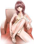  brown_eyes brown_hair casual_one-piece_swimsuit couch feet halterneck hands hands_on_feet leg_up legs maruyama one-piece_swimsuit original sandals sitting solo swimsuit 
