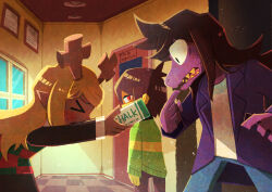  >_< 1other 2girls absurdres animal_ears antlers blonde_hair blush brown_hair chalk closed_eyes colored_skin commentary_request deer_ears deer_girl deltarune door fewer_digits freckles furry furry_female furry_with_furry giving green_sweater highres holding holding_chalk horns indoors jacket kris_(deltarune) long_hair multiple_girls noelle_holiday open_mouth outstretched_arms pink_skin purple_jacket sharp_teeth short_hair standing surprised susie_(deltarune) sweat sweater teeth utdr_(toby_fox) watawata22 wide-eyed window yuri 