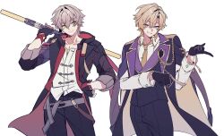  2boys absurdres aiguillette arm_strap arm_support aventurine_(honkai:_star_rail) aventurine_(stoneheart's_oath_ring)_(honkai:_star_rail) belt black_gloves black_jacket black_pants black_vest blonde_hair blue_eyes caelus_(honkai:_star_rail) caelus_(vim_and_vigor)_(honkai:_star_rail) chinese_clothes closed_mouth collarbone collared_shirt commentary cowboy_shot fingerless_gloves formal_clothes gloves grey_belt grey_hair hair_between_eyes hand_on_own_hip hand_up highres holding holding_sword holding_weapon honkai:_star_rail honkai_(series) jacket lapels long_sleeves looking_at_viewer male_focus multicolored_eyes multiple_belts multiple_boys necktie official_alternate_costume open_clothes open_jacket pants red_jacket rongyuan_gulu shirt short_hair shoulder_boards simple_background smile standing sword tangzhuang tassel teeth tie_clip trailblazer_(honkai:_star_rail) two-sided_fabric two-sided_jacket vest violet_eyes weapon white_background white_shirt wide_sleeves yellow_eyes yellow_jacket yellow_necktie 
