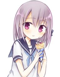  1girl :t amakaze_sora black_sailor_collar blue_neckerchief blush closed_mouth crepe eating food food_on_face grey_hair hair_between_eyes holding holding_food neckerchief original sailor_collar school_uniform serafuku short_sleeves simple_background solo upper_body violet_eyes wavy_mouth white_background 