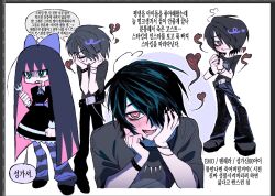 1boy 1girl aqua_eyes art_program_in_frame bakedgyul belt black_belt black_dress black_hair black_nails black_pants black_shirt black_shoes blunt_bangs bow bracelet bright_pupils broken_heart clenched_hands clenched_teeth clip_studio_paint clip_studio_paint_(medium) collared_dress colored_inner_hair commentary_request cross_tie denim dress dress_bow emo_fashion fork hair_bow hair_over_one_eye hand_on_own_cheek hand_on_own_face hands_on_own_cheeks hands_on_own_face heart heart-shaped_pupils highres jeans jewelry juliet_sleeves korean_commentary korean_text large_bow long_hair long_sleeves looking_at_viewer loose_belt loose_hair_strand loose_socks multicolored_hair multiple_bracelets necklace oc_x_canon one_eye_covered original pants panty_&amp;_stocking_with_garterbelt panty_&amp;_stocking_with_garterbelt_(style) pink_eyes pink_hair pink_streaks print_shirt puffy_sleeves purple_bow purple_cross_tie purple_socks raised_inner_eyebrows ringed_eyes sad screenshot shirt shoes short_hair short_sleeves skinny_jeans socks standing stocking_(psg) straight_hair streaked_hair striped_clothes striped_socks studded_bracelet studs symbol-shaped_pupils t-shirt tearing_up teeth toon_(style) translation_request very_long_hair wallet_chain wavy_mouth white_pupils wing_collar yellow_pupils 