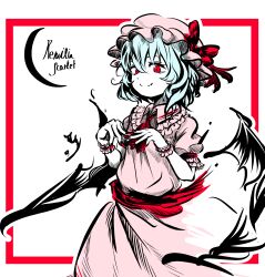  1girl absurdres ascot bat_wings blue_hair border bow character_name closed_mouth collared_shirt commentary_request crescent fang fingernails frilled_shirt_collar frilled_wrist_cuffs frills hat hat_bow highres inset_border long_fingernails looking_at_viewer medium_hair mob_cap outside_border pink_hat pink_shirt pink_skirt puffy_short_sleeves puffy_sleeves red_ascot red_border red_bow red_eyes red_wrist_cuffs remilia_scarlet rizadon_(soregashiorigin) sharp_fingernails shirt short_sleeves skin_fang skirt skirt_set smile smug solo touhou wings wrist_cuffs zun_pose 