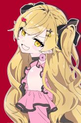  1girl akanexfloat black_choker blonde_hair choker commentary_request detached_sleeves doughnut earrings fang food hair_ornament heart highres jewelry long_hair looking_at_viewer monogatari_(series) open_mouth oshino_shinobu pointy_ears red_background simple_background smile twintails vampire yellow_eyes 