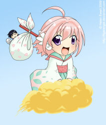  1boy 1girl ahoge ame_(amecon) amecon artist_name bindle black_hair blue_background blue_sky character_request chibi chibi_only commentary dated dragon_ball english_commentary facial_hair flying green_kimono happy head_wings heart heart_print japanese_clothes jitome kimono leaf_print medium_hair on_cloud open_mouth parody photoshop_(medium) pink_hair pink_sash sash sky smile tigerangel violet_eyes wings 