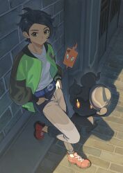  1boy against_wall amakara000 belt black_hair black_pants blue_belt closed_mouth green_jacket hands_in_pockets highres jacket long_sleeves male_focus marshadow open_clothes open_jacket pants paxton_(pokemon) pokemon pokemon_(creature) pokemon_legends:_z-a rotom rotom_phone shirt short_hair standing standing_on_one_leg white_shirt 