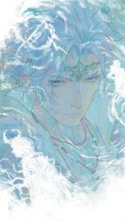  1boy absurdres blue_eyes blue_scales blue_tunic braid chinese_commentary circlet closed_mouth collared_shirt commentary_request dragon_boy ear_piercing expressionless gold_circlet hair_over_shoulder high_collar highres infinity_nikki jewelry long_hair looking_at_viewer male_focus meghill_(infinity_nikki) necklace nikki_(series) nostrils parksolian_(infinity_nikki) piercing pointy_ears ripples shirt single_braid solo tunic upper_body white_hair white_shirt wyx66157 