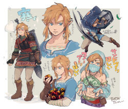  1boy apple bare_shoulders black_cloak blonde_hair blue_eyes blue_sleeves blue_tunic blue_veil blush border bridal_gauntlets brown_gloves champion's_tunic_(zelda) clenched_hands clenched_teeth cloak cold commentary_request copyright_name crop_top crossdressing crossdressing_(mtf) detached_sleeves earrings eating fingerless_gloves food fruit full_body gerudo_set_(zelda) gloves green_shirt grey_background grey_pants hair_between_eyes holding holding_food holding_fruit holding_shield holding_sword holding_weapon hood hood_up hooded_cloak hylian_set_(zelda) jewelry link male_focus medium_hair midriff mouth_veil multiple_views official_alternate_costume pants parted_lips pointy_ears purple_pants shield shirt sidelocks single_shoulder_pad solo swinging_weapon sword teeth the_legend_of_zelda the_legend_of_zelda:_breath_of_the_wild tunic upper_body veil weapon white_border white_shirt yon_yosi 