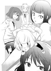  6+girls :d ;d arms_behind_back bad_id bad_twitter_id bags_under_eyes bent_over blazer blunt_bangs blush border buttons collared_shirt glasses greyscale hair_between_eyes halftone hand_up happy highres hikaru_(ofuton_at5) jacket kayo_(watamote) kneehighs kuroki_tomoko long_hair long_sleeves looking_at_viewer miniskirt miyazaki_(watamote) monochrome multiple_girls necktie no_pupils one_eye_closed ootonari_nagi open_mouth outside_border parted_lips pleated_skirt ponytail school_uniform shirt shoes short_hair sidelocks skirt sleeves_past_wrists smile socks split_mouth sweatdrop sweater tamura_yuri uchi_emiri unusually_open_eyes uwabaki watashi_ga_motenai_no_wa_dou_kangaetemo_omaera_ga_warui! waving 