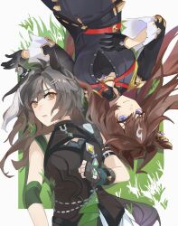  2girls absurdres ahoge animal_ears antenna_hair black_gloves black_jacket black_shirt blue_eyes brown_eyes brown_hair commentary_request duramente_(red_in_black)_(umamusume) duramente_(umamusume) ear_covers fingerless_gloves gloves hair_between_eyes hair_ornament hairclip highres horse_ears horse_girl jacket long_hair long_sleeves looking_at_viewer lying multicolored_hair multiple_girls on_back sd2073483031466 shirt short_hair streaked_hair titleholder_(racing)_(umamusume) titleholder_(umamusume) umamusume umamusume_horse_relations white_hair white_streaks 