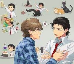  2boys anger_vein animal black_cat black_hair blue_shirt brown_hair cat commentary_request crossed_arms dress_shirt falling falling_object glasses grey_background hair_slicked_back hiraga_keisuke isa_(peien516) looking_at_another male_focus messy_hair multiple_boys multiple_views necktie odagiri_hidetoshi open_mouth orange_cat persona persona_3 plaid_clothes plaid_shirt rectangular_eyewear red_necktie semi-rimless_eyewear shirt short_hair short_sideburns sideburns simple_background slipping spoken_anger_vein white_shirt 