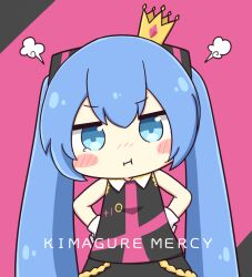  1girl :i black_dress blue_eyes blue_hair blush blush_stickers chibi chibi_only closed_mouth commentary_request crown double-parted_bangs dress hair_between_eyes hands_on_own_hips hatsune_miku jitome kimagure_mercy_(vocaloid) long_hair looking_at_viewer nose_blush nukotun pink_background puff_of_air simple_background sleeveless sleeveless_dress solo song_name teardrop twintails upper_body v-shaped_eyebrows very_long_hair vocaloid 