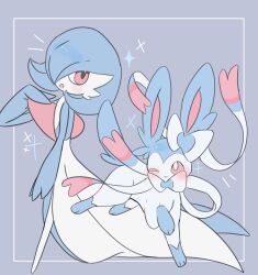  2others alternate_color blue_fur blue_hair bob_cut bow colored_skin commentary_request dress gardevoir grey_background hair_over_one_eye highres looking_at_viewer multicolored_fur multiple_others one_eye_closed pokemon pokemon_(creature) shiny_pokemon shiu_224 simple_background sparkle sylveon white_dress white_skin 