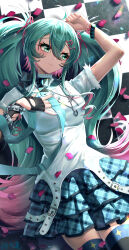  1girl absurdres ahoge black_gloves black_thighhighs blue_nails blue_skirt breasts checkered_floor closed_mouth commentary_request cowboy_shot double-parted_bangs fingerless_gloves gloves green_eyes green_hair hair_between_eyes hair_ornament half_gloves hand_on_own_chest hatsune_miku highres long_hair lying medium_breasts miniskirt musical_note musical_note_hair_ornament nail_polish on_back on_floor orangeizumi plaid_clothes plaid_skirt pleated_skirt shirt short_sleeves single_glove skirt solo thigh-highs very_long_hair vocaloid white_shirt zettai_ryouiki 