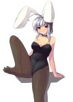  bunny_ears bunnysuit choker feet foreshortening orange_eyes original pantyhose perspective rabbit_ears saiste short_hair smile soles solo toes white_hair 