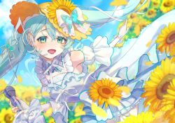  114_usamaro 1girl aqua_eyes aqua_hair aqua_nails blush bow brown_hat commentary_request double-parted_bangs dress fingerless_gloves fingernails flower gloves hair_between_eyes hat hat_bow hat_flower hat_ornament hatsune_miku holding holding_microphone leaf_hat_ornament long_hair looking_at_viewer magical_mirai_(vocaloid) magical_mirai_miku magical_mirai_miku_(2026) microphone open_mouth shirt sleeveless sleeveless_dress solo sunflower twintails upper_body vocaloid white_bow white_dress white_gloves white_shirt yellow_eyes yellow_flower 