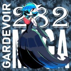  1girl alternate_color black_dress black_gloves blue_hair bob_cut character_name colored_skin dress elbow_gloves gardevoir gloves hair_over_one_eye highres mega_gardevoir mega_pokemon pokemon pokemon_(creature) red_eyes shiny_pokemon strapless strapless_dress the_sbinkler white_skin 