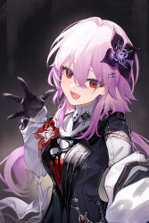  126_klym 1girl :d absurdres black_background black_gloves breasts chain collared_dress commentary dress english_commentary evernight_(honkai:_star_rail) fang flower gloves hair_between_eyes hair_flower hair_ornament hairclip hand_up highres honkai:_star_rail honkai_(series) jewelry long_hair long_sleeves looking_at_viewer march_7th_(honkai:_star_rail) parallel_hairclips pink_hair red_eyes ring selfie shadow skin_fang smile teeth_print very_long_hair 