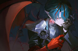  1boy arknights arknights:_endfield armor arms_up asymmetrical_gloves bat_wings belt belt_buckle black_belt black_gloves black_jacket blue_hair buckle camille_(arknights) chest_belt commentary curtained_hair dao8_33 earrings elbow_gloves glove_in_mouth gloves grey_shirt hair_over_one_eye highres jacket jewelry layered_sleeves long_pointy_ears long_sleeves looking_to_the_side male_focus mismatched_gloves mouth_hold multicolored_eyes multicolored_hair one_eye_covered parted_lips pauldrons piercing pinstripe_jacket pinstripe_pattern pointy_ears red_eyes red_gloves red_hair sanpaku shirt shoulder_armor sideways_glance single_pauldron single_wing solo streaked_hair turtleneck upper_body wings wrist_belt 