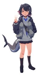  1girl absurdres alternate_costume black_choker black_hair black_jacket black_shoes black_skirt black_socks choker colored_inner_hair commentary_request ellen_joe fins fish_tail full_body hair_ornament highres jacket looking_at_viewer mole mole_under_eye multicolored_hair no_plan_a open_mouth red_eyes red_hair red_nails shark_girl shark_tail shoes short_hair skirt socks solo sweater tail two-tone_hair v zenless_zone_zero 