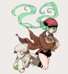  1girl absurdres blush boots brown_eyes closed_mouth commentary_request eevee full_body furry green_eyes green_hair hat highres holding jacket kumugi_(madan_no_ichi) long_hair long_sleeves looking_at_viewer madan_no_ichi pokemon pokemon_(creature) shirt simple_background skirt smeargle sweatdrop tail tomori_(inoutomori) twintails witch 