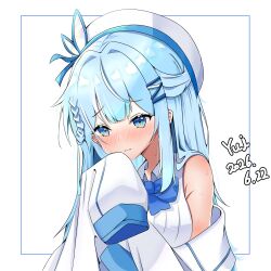  1girl beret blue_eyes blue_hair blue_ribbon closed_mouth damyui dress hand_up hat highres jacket off-shoulder_dress off_shoulder project_i ribbon shy virtual_youtuber white_background 