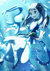  1girl :d air_bubble akari_(pokemon) akari_(summer_2026)_(pokemon) anklet black_hair black_shoes bubble commentary_request dress eyelashes grey_eyes hair_ornament happy highres jewelry long_hair manaphy official_alternate_costume open_mouth pokemon pokemon_(creature) pokemon_masters_ex shoes sidelocks smile sparkle teeth underwater watermark yukari_(yukari21653710) 