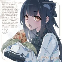  1girl absurdres artist_name bamboo_leaf black_bow black_bowtie black_hair black_ribbon black_shirt bow bowtie dragon_boat_festival food frilled_shirt_collar frills hair_ribbon highres holding holding_food jacket long_hair long_sleeves looking_at_viewer open_mouth original ribbon runes shirt sidelocks signature siito_cumo sleeves_past_fingers sleeves_past_wrists solo white_jacket yellow_eyes zongzi 