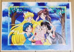  5girls aino_minako arm_around_shoulder bishoujo_senshi_sailor_moon black_eyes black_hair black_skirt blonde_hair blue_eyes blue_hair blue_jacket blue_ribbon blue_shirt blue_sky bow bracelet closed_mouth clouds coat commentary_request day double_bun earrings falling_leaves fukano_youichi green_eyes green_shirt hair_bobbles hair_bow hair_bun hair_ornament hand_on_another's_arm hand_on_another's_shoulder hand_up highres hino_rei jacket jewelry kino_makoto leaf leaning_forward long_hair looking_at_viewer mizuno_ami multiple_girls neck_ribbon official_art one_eye_closed open_mouth orange_coat outdoors pants photo_(medium) pink_shirt pink_skirt ponytail ribbon salute scarf shirt short_sleeves skirt sky smile standing striped_clothes striped_shirt traditional_media transparent_background tree tsukino_usagi twintails v vertical-striped_clothes vertical-striped_shirt very_long_hair white_bow white_jacket yellow_pants yellow_scarf 