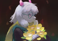  1boy absurdres close-up closed_mouth deltarune english_commentary fang floppy_ears flower furrowed_brow goat_horns highres holding holding_flower horns ilikecanele looking_down looking_to_the_side pink_horns ralsei round_eyewear skin_fang solo utdr_(toby_fox) white_fur yellow_flower 
