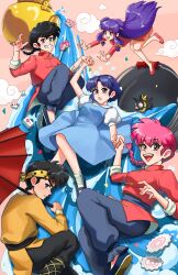  2boys 3girls :d amandaxvictoria bandana bisexual_female black_hair blue_dress blue_hair blue_pants braid brown_eyes bucket character_and_genderswap chinese_clothes commentary double_bun dress english_commentary fang fuurinkan_high_school_uniform grey_eyes grin hair_bun hibiki_ryouga highres holding_hands long_hair multiple_boys multiple_girls open_mouth p-chan_(ranma_1/2) pants piglet pink_hair pouring purple_hair ranma_1/2 red_dress saotome_ranma saotome_ranma_(female) saotome_ranma_(male) school_uniform shampoo_(ranma_1/2) short_hair single_braid smile tangzhuang teapot tendou_akane water yellow_bandana 