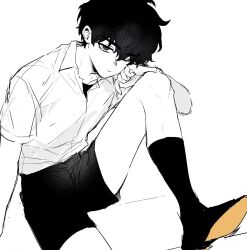  black_eyes black_hair black_shorts black_socks choi_jongsu garbage_time knee_up lineart lower_eyelashes_only male_focus messy_hair monochrome one_eye_closed shirt shoe_soles short_hair shorts simple_background sitting sketch socks ununtied white_background white_shirt 