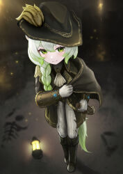  1girl absurdres alternate_costume animal_ears black_boots black_coat black_hat boots braid braided_ponytail coat commentary dagger dimensionless88 english_commentary ferret_ears ferret_girl ferret_tail gloves gradient_hair green_eyes green_hair hair_between_eyes hat hat_feather highres knife lantern limealicious long_hair looking_at_viewer multicolored_hair pants solo standing vinesauce virtual_youtuber weapon white_hair white_pants 