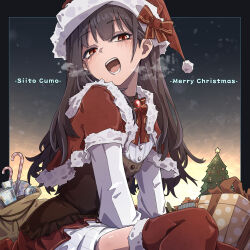  1girl absurdres between_legs black_hair blush bow bowtie box breath brown_corset candy candy_cane capelet christmas_tree commentary_request corset english_text food fur-trimmed_capelet fur-trimmed_headwear fur-trimmed_thighhighs fur_trim gift gift_box hand_between_own_legs hat hat_bow highres long_hair open_mouth original red_bow red_bowtie red_capelet red_eyes red_hair red_thighhighs sack santa_costume santa_hat shirt siito_cumo skirt solo taiwan thigh-highs white_shirt white_skirt winter_clothes 