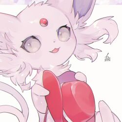  :3 bad_id bad_twitter_id cowboy_hat espeon fang forehead_jewel gem grey_eyes hat hideko_(l33l3b) highres holding holding_unworn_clothes holding_unworn_hat open_mouth pokemon pokemon_(creature) pokemon_focus purple_fur red_gem signature skin_fang solo twitter_username unworn_hat unworn_headwear white_background 