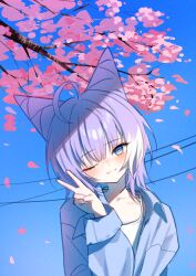  1girl :3 absurdres ahoge blue_eyes blue_shirt blue_sky blush branch bright_pupils camisole cherry_blossoms choigoli closed_mouth collared_shirt commentary cone_hair_bun day double_bun falling_petals film_grain hair_bun hand_up highres korean_commentary long_sleeves medium_hair one_eye_closed open_clothes open_shirt outdoors petals pink_petals power_lines purple_hair shirt sky sleeve_cuffs smile solo spaghetti_strap stellive tenko_shibuki v virtual_youtuber white_camisole yellow_pupils 