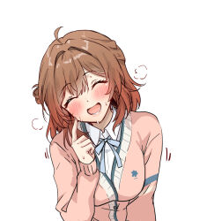  1girl :d ^_^ amagi_(amagi626) blush brown_hair closed_eyes commentary_request gakuen_idolmaster gradient_hair hair_bun hanami_ume hatsuboshi_gakuen_school_uniform idolmaster multicolored_hair red_hair school_uniform shirt simple_background single_hair_bun smile speech_bubble translation_request upper_body white_background white_shirt 