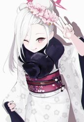  1girl black_scarf blue_archive commentary flower fur_scarf hair_bun hair_flower hair_ornament halo highres japanese_clothes kimono long_hair long_sleeves looking_at_viewer mutsuki_(blue_archive) mutsuki_(new_year)_(blue_archive) official_alternate_costume one_eye_closed print_kimono red_eyes red_halo sash scarf simple_background smile solo tongue tongue_out v veeluna white_background white_hair white_kimono wide_sleeves 