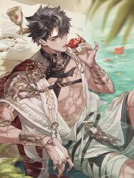 1boy bandages black_hair blue_eyes claw_ring commentary_request eating food from_above fruit genshin_impact hand_up highres holding holding_food holding_fruit holding_pomegranate jewelry leg_up lips lj6v6 looking_at_viewer navel necklace_removed no_shirt parted_lips pearl_necklace petals petals_on_liquid pomegranate ring scar scar_on_arm scar_on_chest scar_on_hand scar_on_leg scar_on_neck shirtless short_hair solo streaked_hair submerged teeth water wriothesley_(genshin_impact) wrist_guards