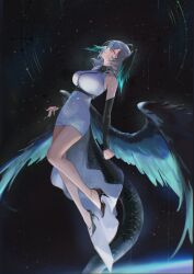  1girl absurdres arknights black_shoes black_sleeves black_wings breasts commentary dress english_commentary full_body green_eyes grey_hair head_wings highres ho'olheyak_(arknights) large_breasts medium_hair revision shoes snake_tail solo tail uof white_dress wings 