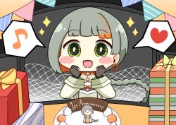  1girl :d absurdres anniversary blunt_bangs blush_stickers box brown_gloves cake character_request chibi chibi_only commentary_request copyright_request earrings fingerless_gloves food gift gift_box gloves green_eyes grey_background grey_hair hands_up heart highres jewelry long_sleeves multicolored_hair musical_note nukotun open_mouth orange_streaks shirt short_hair smile solo sparkle spoken_heart spoken_musical_note streaked_hair upper_body white_shirt 