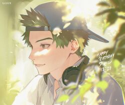  1boy backwards_hat baseball_cap blue_hat blurry brown_eyes character_request check_character collared_shirt commentary dappled_sunlight dated depth_of_field english_commentary green_hair happy_birthday hat headphones headphones_around_neck highres kaohom503 leaf male_focus open_collar parted_lips phantom_busters plant profile shirt short_hair smile solo spiky_hair sunlight tamon_kotarou very_short_hair white_shirt wing_collar 