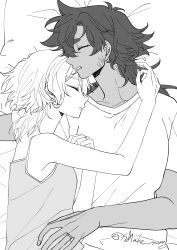  2girls absurdres camisole commentary_request cuddling dark-skinned_female dark_skin greyscale gundam gundam_suisei_no_majo highres jewelry korean_commentary long_hair miorine_rembran monochrome multiple_girls ring scar scar_on_face sflake_song shirt short_hair sleeping suletta_mercury twitter_username wedding_ring wife_and_wife yuri 