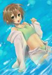  baka_to_test_to_shoukanjuu brown_hair dutch_angle green_eyes hair_ornament hairclip jacket kinoshita_hideyoshi male off_shoulder open_clothes open_fly open_jacket sato_unta short_hair shorts solo swimsuit swimsuit_under_clothes tankini trap unzipped wading water zipper 
